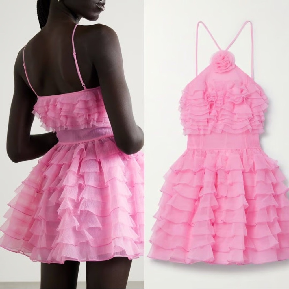 $595 STAUD Florian Ruffle Tiered Halter Mini Dress 💗 - Picture 2 of 8